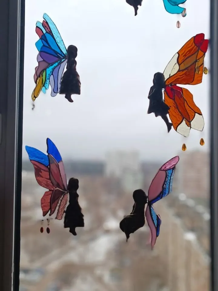 Stained Glass: Fairies Kateryna and Irina (Complex), Stained Glass Fairies, Stained Glass Fairy, Tiffany Stained Glass: Fairy Branch, Fairy Tale Stained Glass