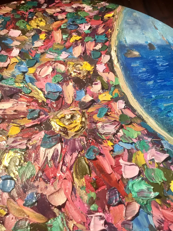 Fantasy mix media seascape and flowers painting,oil impasto painting,colourful wall art on round canvas,unique handmade gift home decor.