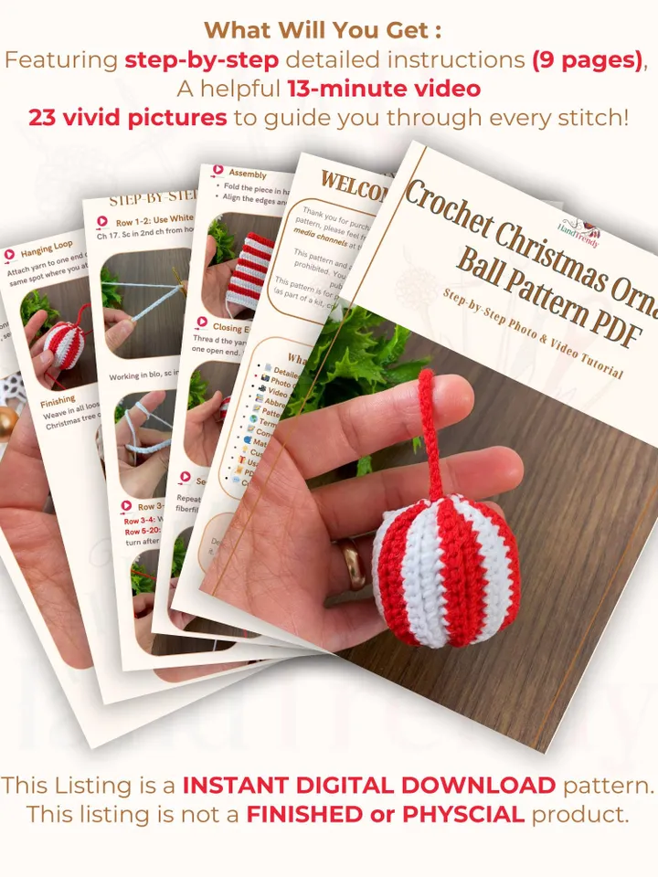 Crochet Christmas Ornament Ball Pattern PDF, Striped Holiday Bauble Tutorial, Easy DIY Christmas Decoration for Beginners