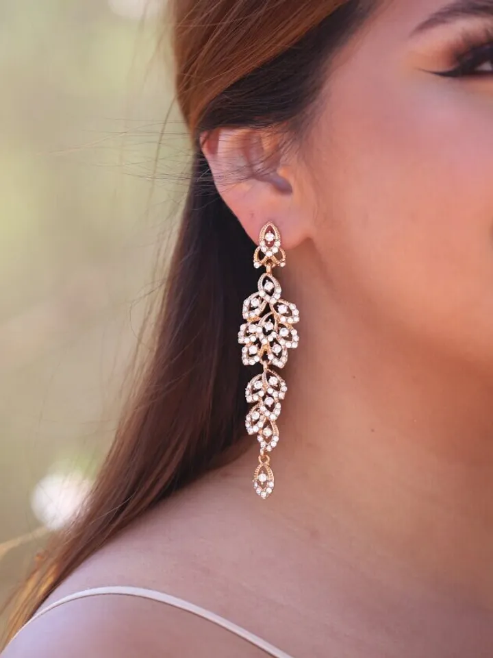 Extra Long Boho Wedding Earrings, Swarovski Crystal Statement Wedding Earrings, Champagne Gold Bridal Earrings, Statement Wedding Jewelry,