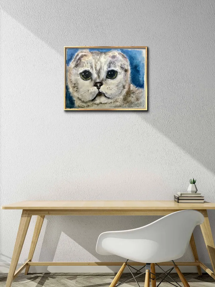 Scottish fold cat original watercolour painting,animals painting,gift for cat lovers,unique gift,white cat painting.