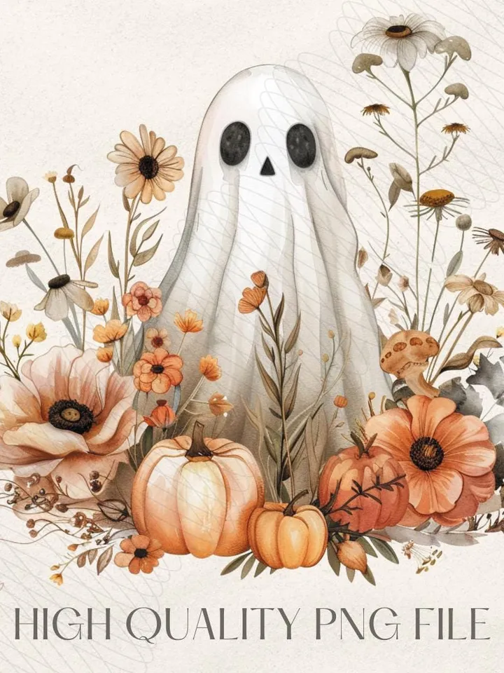 Halloween PNG, Spooky Ghost, Autumn sublimation design, Fall PNG, Pumpkins, leaves PNG, Watercolor Sublimation, Instant download, Ghouls