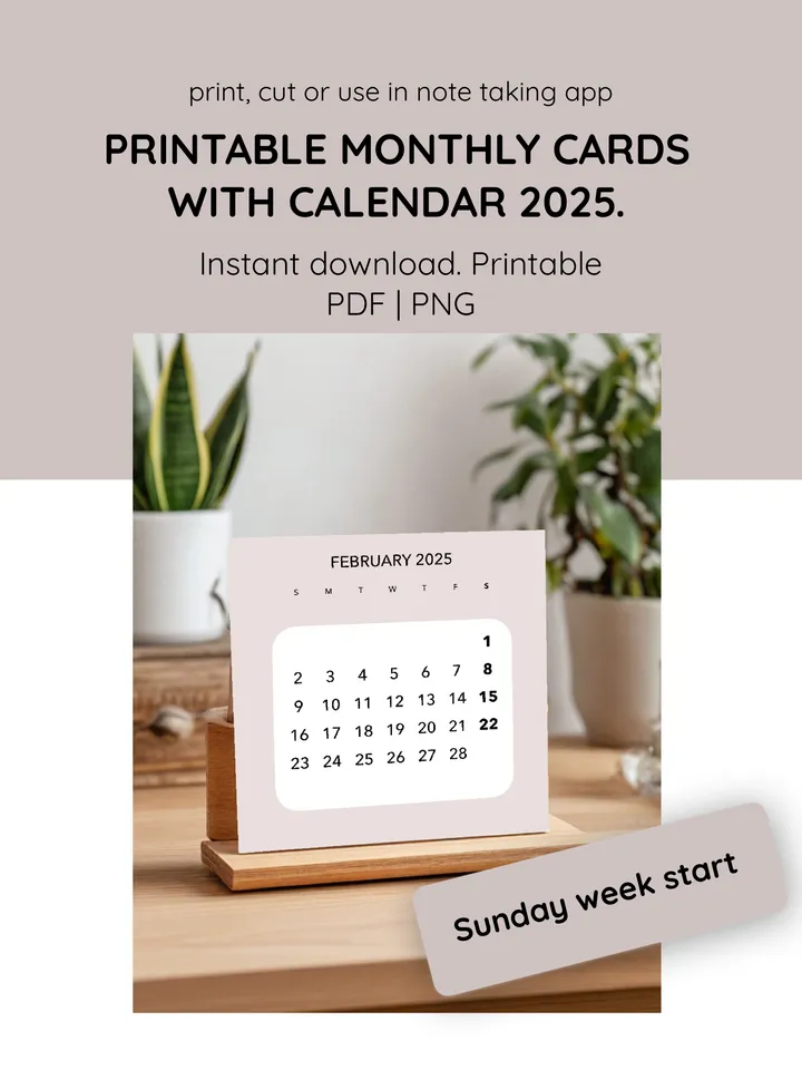 Printable Monthly Cards for Desk Calendars: Elevate Your Planner Divider Game! Functional planner cards. Monthly planner templates. Easy print desk calendar 2025. Calendar crafting. Sunday week start