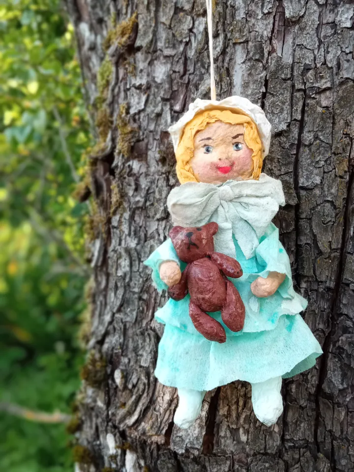 Handmade cotton toy Girl in blue dress with a teddy bear. A unique gift. Family Christmas souvenir. Original Christmas tree decoration. Made in 1 copy. Free shipping