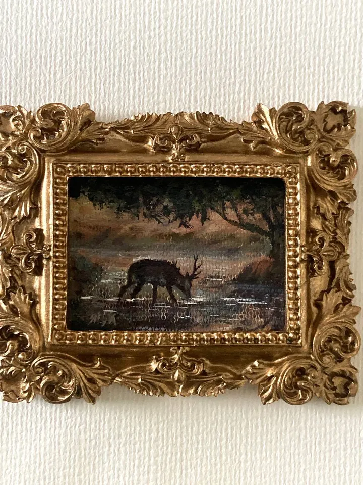 Forest Deer Landscape Oil Painting Original In Vintage Style Frame Small Framed Oval Painting Art