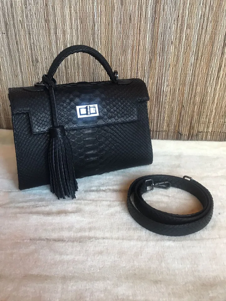 Top handle black classy genuine python skin bag | exotic leather bags | Elegant everyday women purse | snake skin bag | designer leather bag