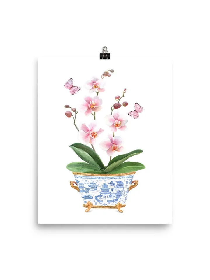 Chinoiserie Vase Orchid Watercolor Painting, Ginger Jar, Blue And White Jar, Pink Flower In Vase, Vintage Chinoiserie, Pagoda Art Print