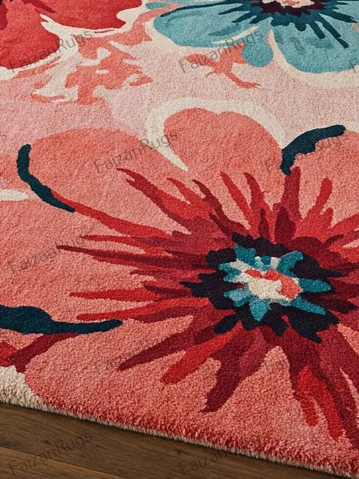 10x14 floral rug, Handmade floral area rug, Elegant pink & red bloom, home décor, floral rug, 8x10 area rug, pink rug, red rug, bedroom rug