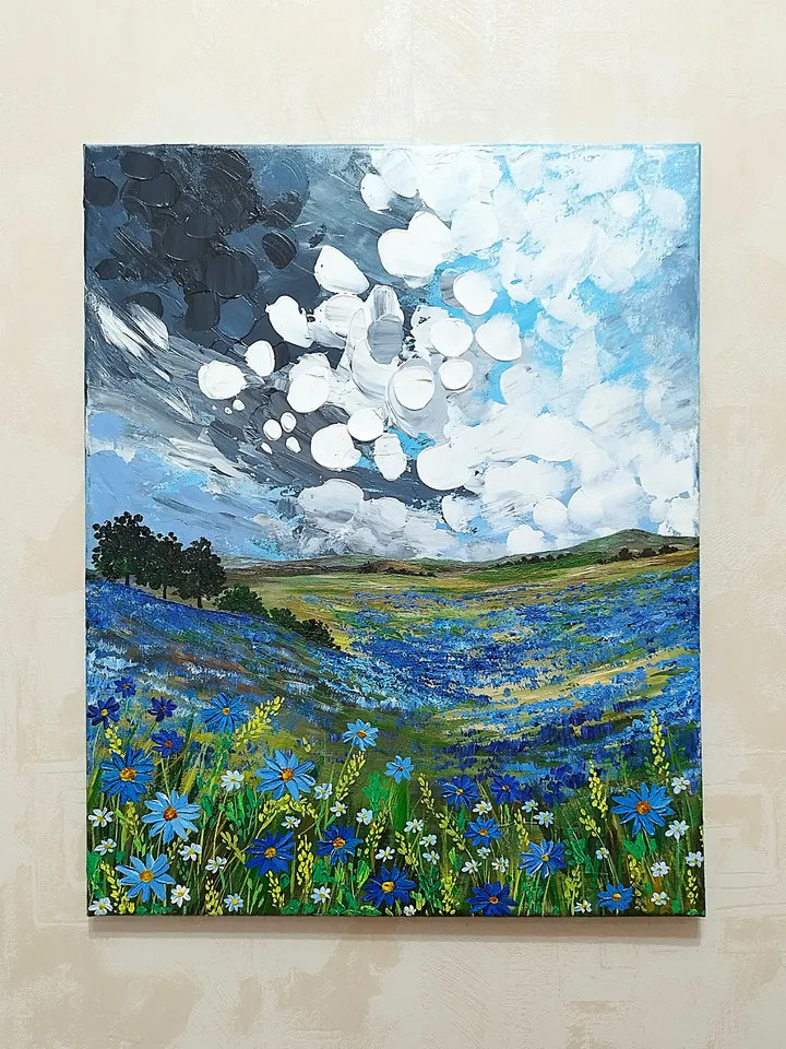 Textured painting landscape blue wildflowers artwork
