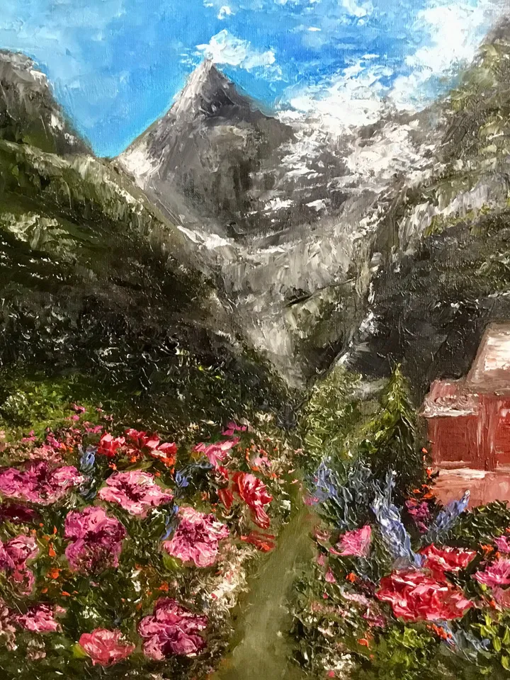 Floral landscape oil painting original, swiss alps and flowers impasto painting.Flowers and mountains painting.Swiss Alps painting.