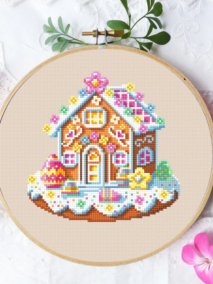 Easter gingerbread house cross stitch pattern PDF download Easter cross stitch chart, Gingerbread pattern digital PDF Easter home decor #T42