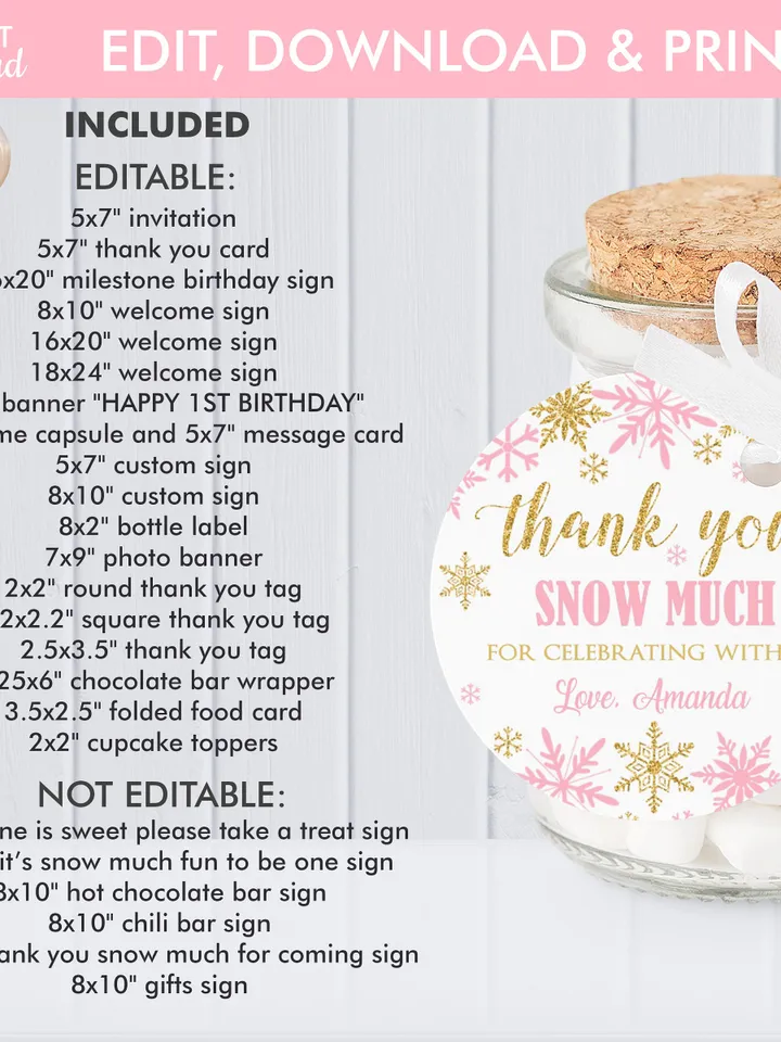 Winter Onederland Birthday Girl Decorations, Winter Onederland Birthday Party Package Bundle, Pink Gold Snowflakes Editable Template