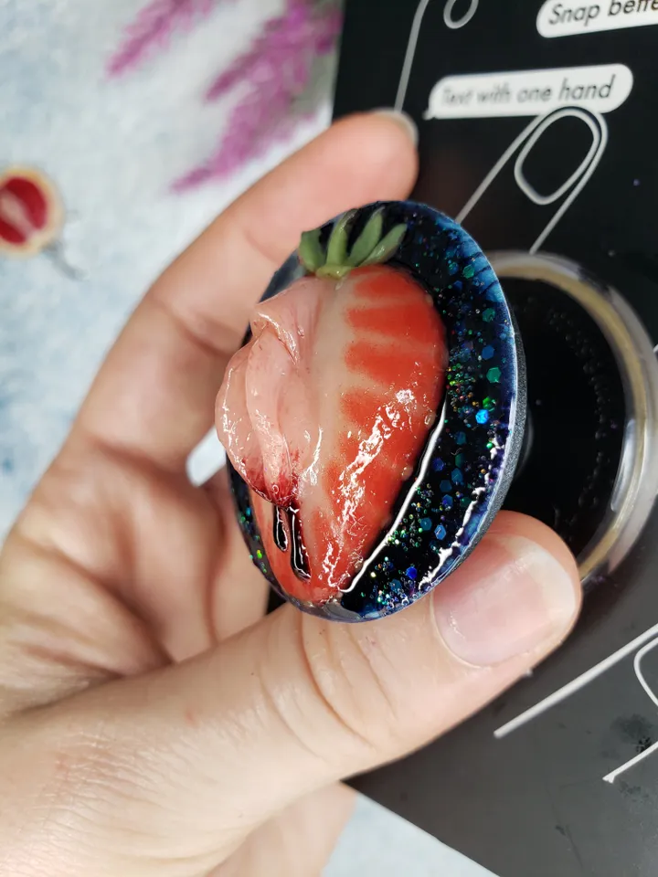 Strawberry phone grip, not swappable popsockets, polymer clay