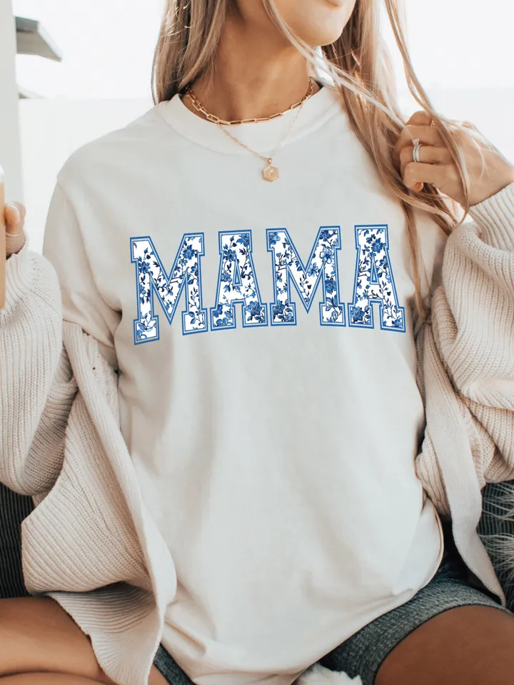 Chinoiserie Floral Mama Blue Willow Filled PNG Digital Download Hand Drawn Sublimation, Mama University Font, chinese style ceramic pattern