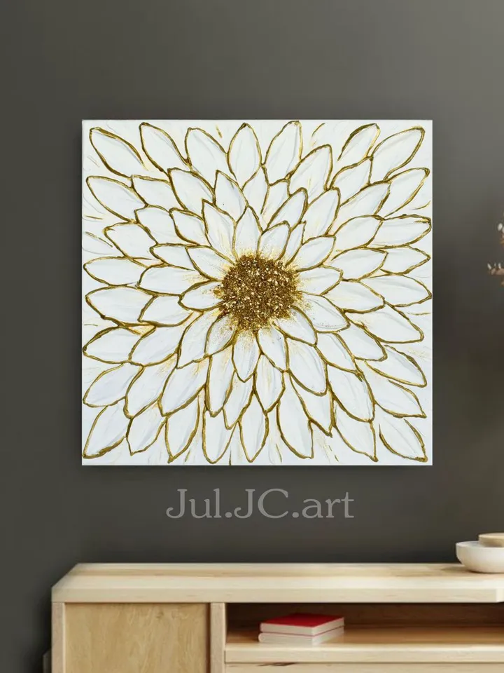White Daisy original artwork textured painting White and gold Floral art