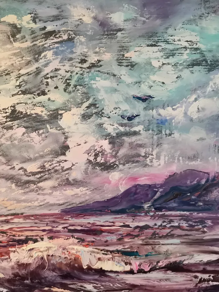 Moon Night Mountains Sea Wave Original Art Oil Painting Artist Svinar Oksana