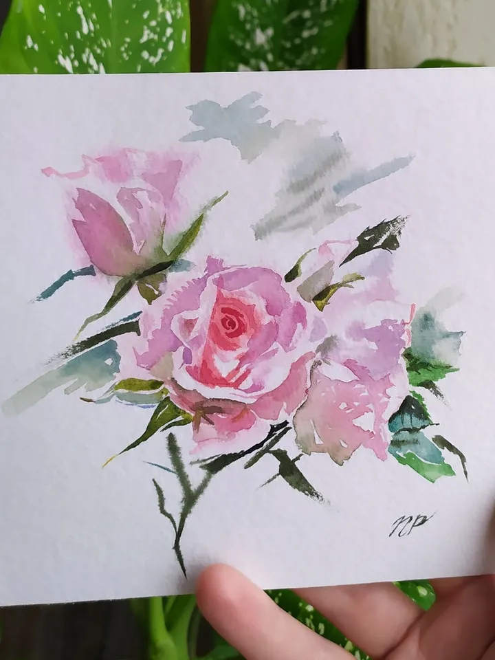 Rose Painting Floral original art 6 by 6 Pink Flower watercolor Pink rose wall art Rose aquarelle by Natalia Plotnikova