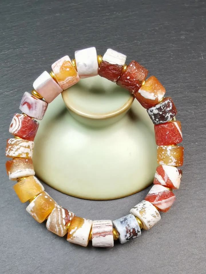 Gandhanra Tibetan Sugar Agate Beads Wrist Mala, Unique 11mm Cylinder Carnelian Bracelet