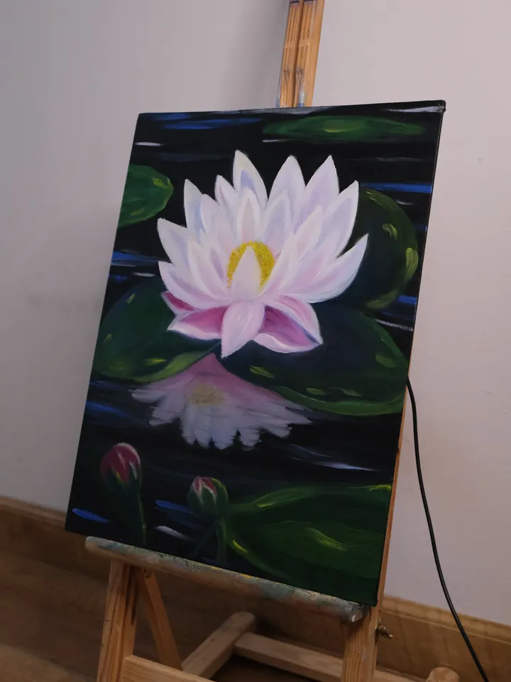 Oil Painting Lotus Flower Water Landscape Flowers Nature Canvas on Cardboard 16 x12 inches 40 x30 cm New Gift for Her Wall decor