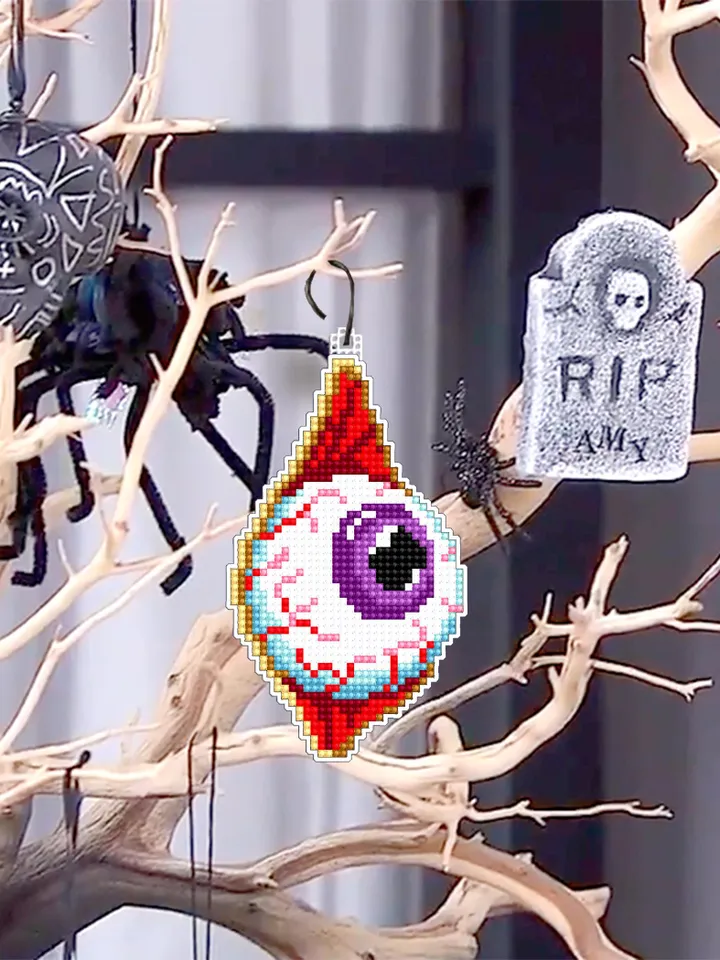 Creepy eye cross stitch pattern PDF download Double-sided Halloween ornament cross stitch chart for plastic canvas Halloween tree decor #H71
