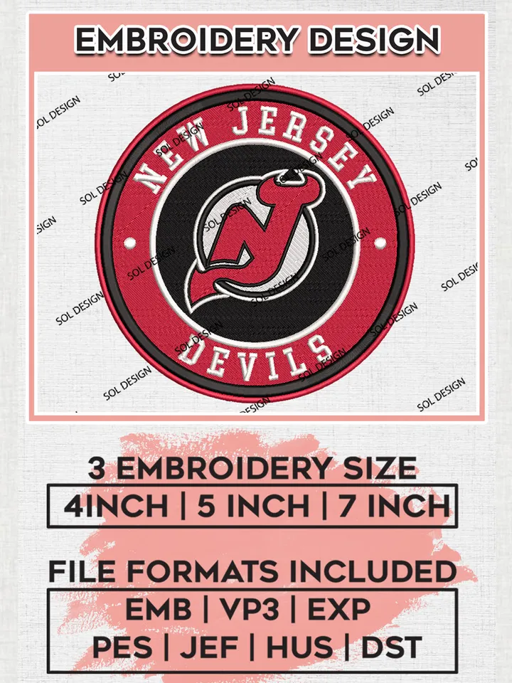New Jersey Devils Circle Logo Machine Embroidery Files, NHL New Jersey Devils Embroidery Designs, NHL Devils Logo, NHL Embroidery Designs, Digital Download