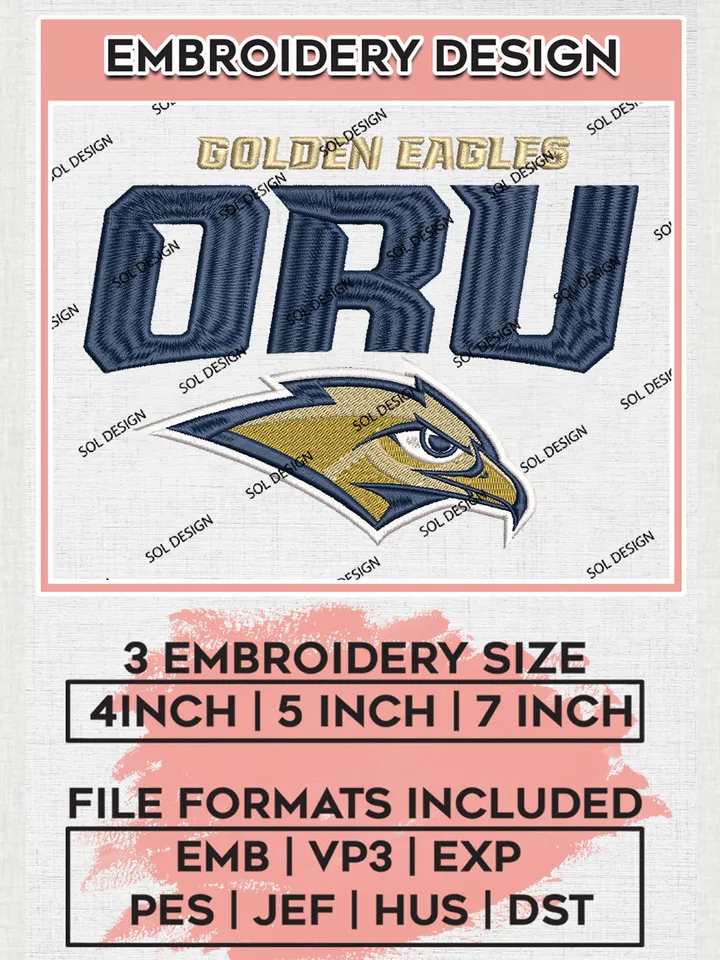 ORU Golden Eagles Team Logo Embroidery Design Files, NCAA Oral Roberts Golden Eagles Machine Embroidery, NCAA Teams, Game Day, 3 sizes, NCAA Machine embroidery designs, Digital Download