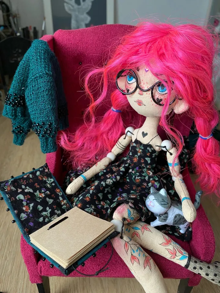 Librarian doll with pink hair and tattoo. Bookworm doll with cat