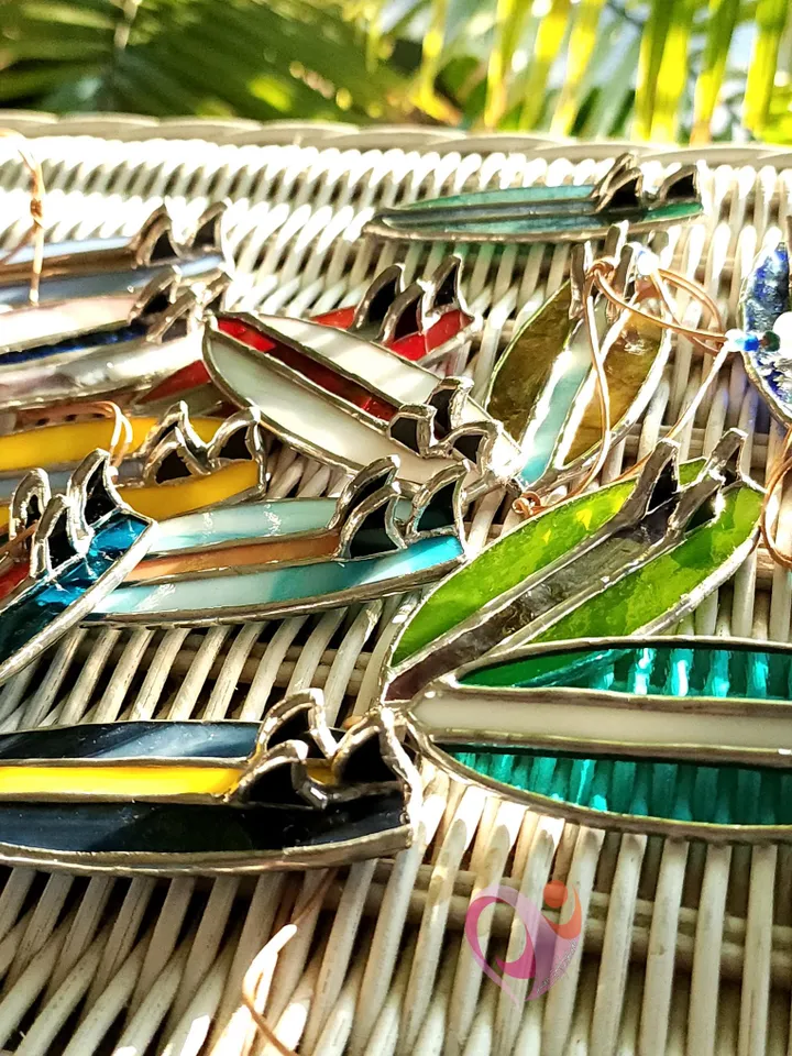 Real Stained Glass Surfboard Pendant Car Charm Mini Suncatcher for Rear View Mirror Cute Bag or Purse Charm Accessory Strong and Unique