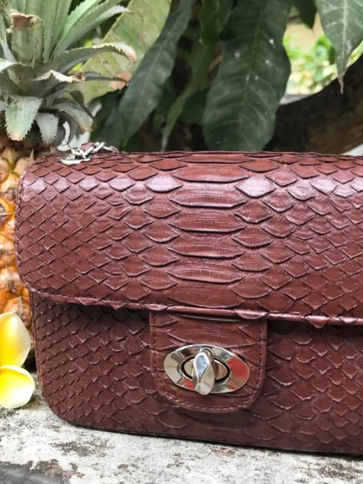 Genuine Python Skin Dark Brown Crossbody Bag | Adjustable Chain Classy Elegant snake Crossbody Small Lady Summer Bag | Brown Python Purse