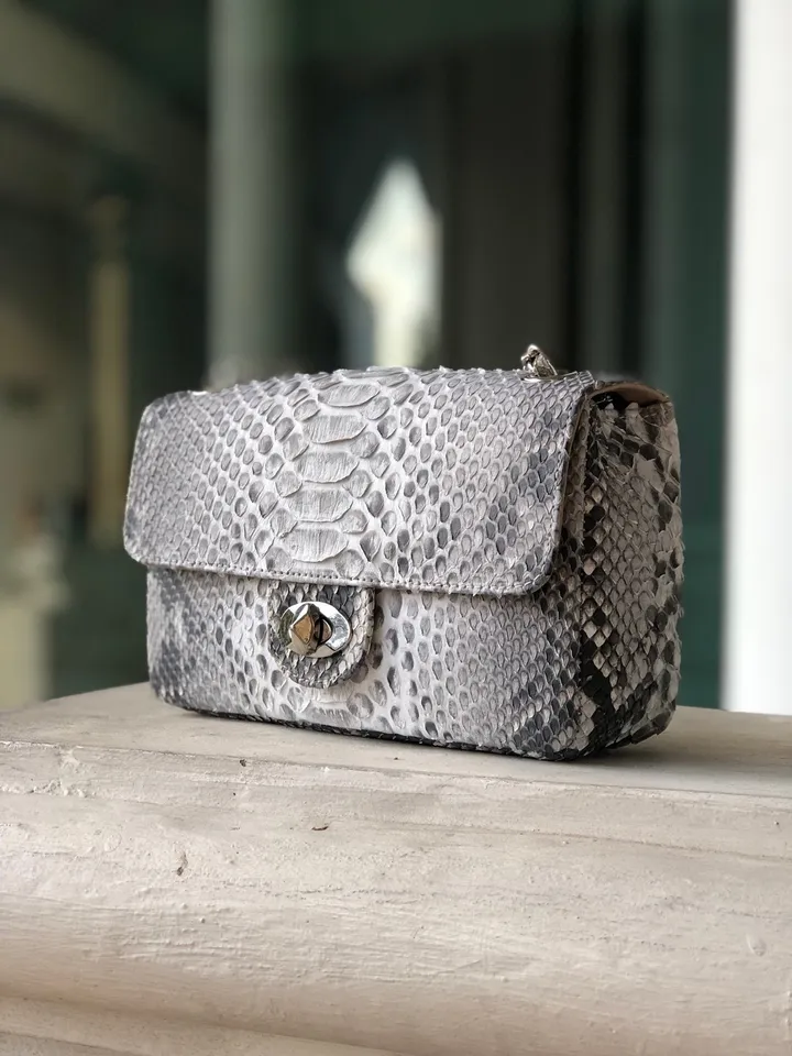 Genuine Python Skin Crossbody Natural Scale Gray Bag | Summer Chain Crossbody Bag | Elegant Clssy Crossbody Python Bag | Leather Bag Women