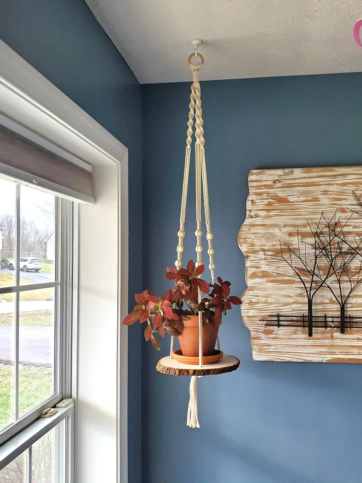 Macrame Plant Hanger with Live Edge Wood Shelf Boho Home Decor Plant Pot Holder Unique Housewarming Gift