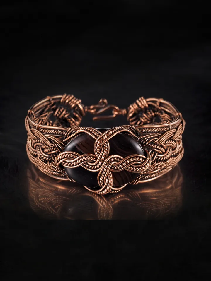Copper wire wrapped agate bracelet Unique woven copper wire bangle Small size