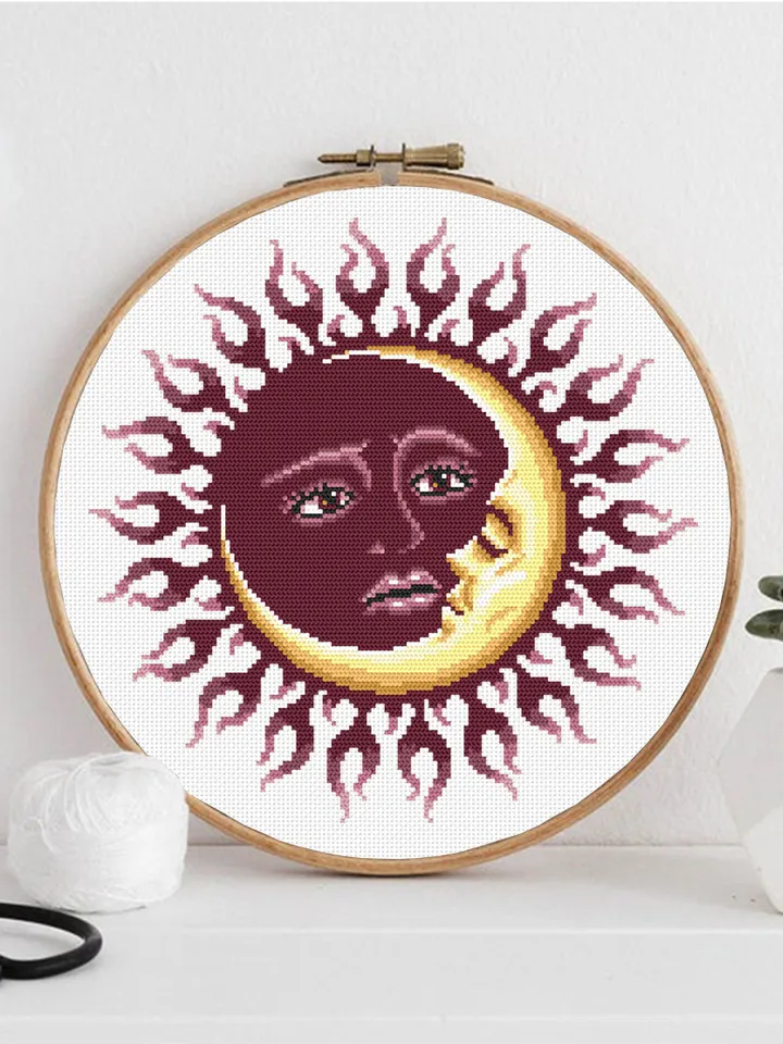 Mandala sun and moon cross stitch pattern PDF download Sun mandala cross stitch chart, Sun moon pattern digital PDF, Crescent moon #M185
