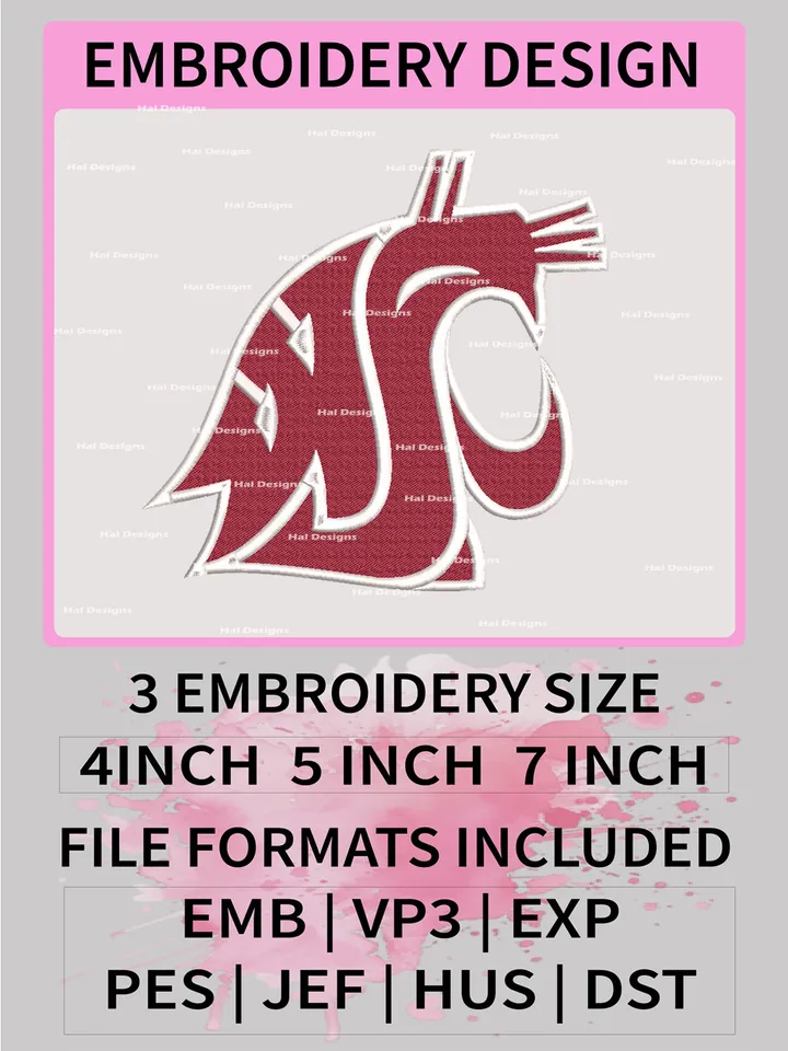 NCAA Washington State Cougars Embroidery File, 3 Sizes, 6 Formats, NCAA Machine Embroidery Design, NCAA Logo, NCAA Teams