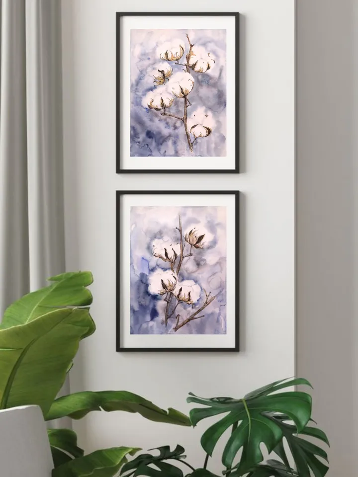 Cotton Watercolor Painting Set of 2 Flowers Original Painting Floral Art
