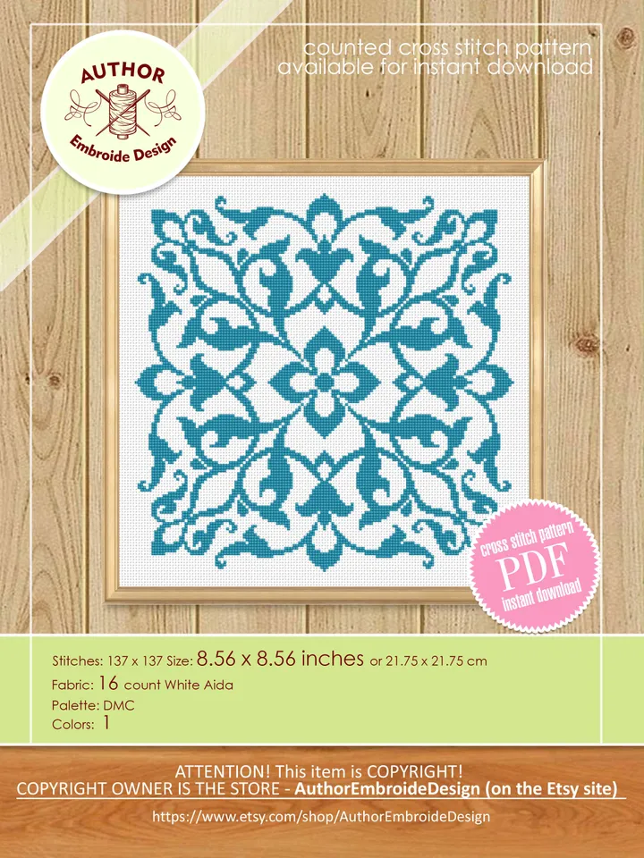 Vintage mandala cross stitch pattern PDF download Victorian gothic mandala, Square ornament cross stitch chart, Vintage pattern PDF #M207