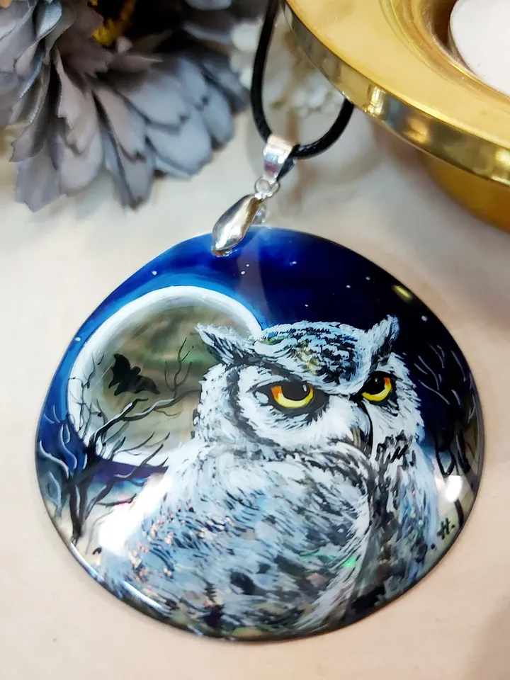Pearl pendant necklace: Wild Eagle owl at moon night on lacquer necklace. Gorgeous nature on aesthetic pendant. Graceful animal gift for her
