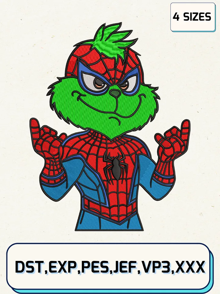 Grinch Spiderman Christmas Embroidery Design Files,Christmas Embroidery Designs,Machine Embroidery Files,4 Sizes