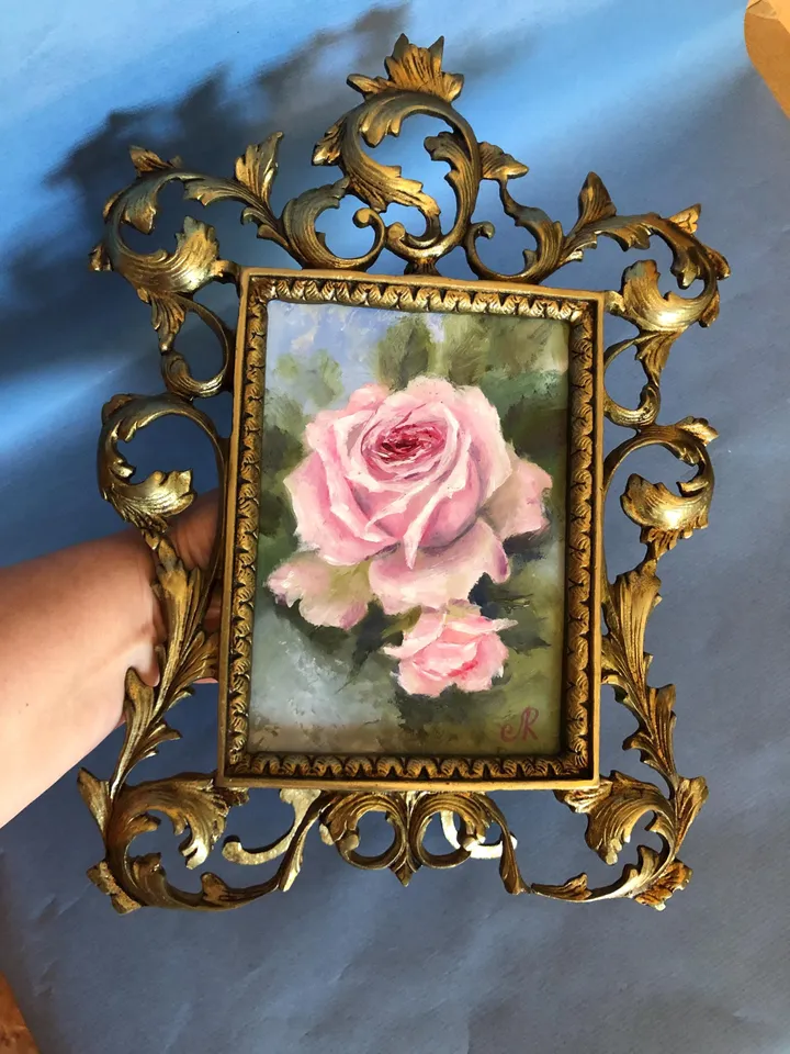 Pink Roses Painting Framed Antique Metal Frame Shabby Chic Painting
