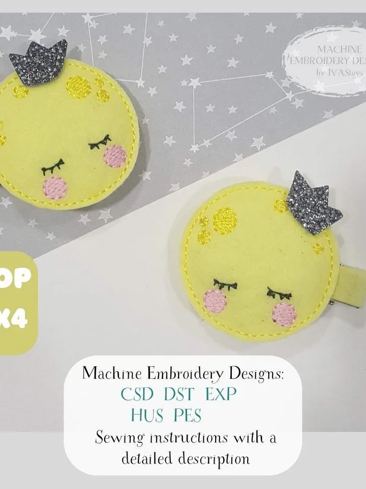 ITH Sleeping Moon Hair Clip Embroidery Design & Tutorial, Felt Hair Bow Pattern, 4x4 Hoop DIY Project Digital File