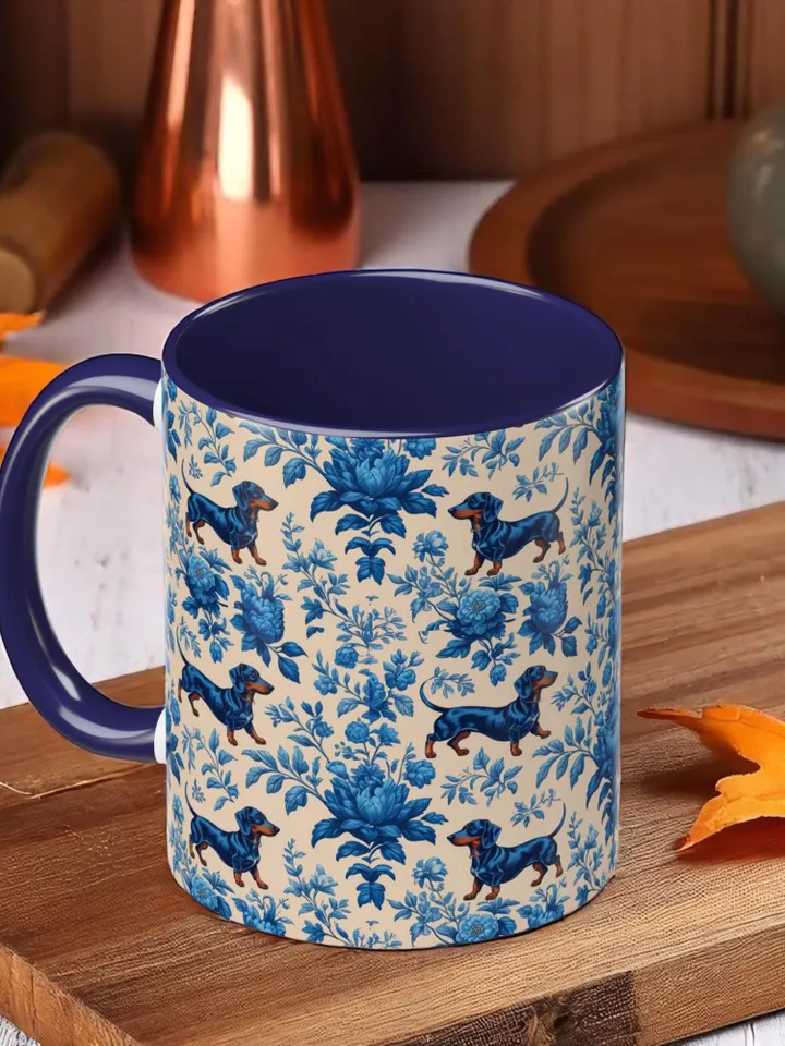 Dachshund French Toile de Jouy Ceramic Mug, Toile Coffee Cup for Doxie Mom, Sausage Dog Lover Gifts, Dog Tea Drinkware, Gift For Dog Lovers