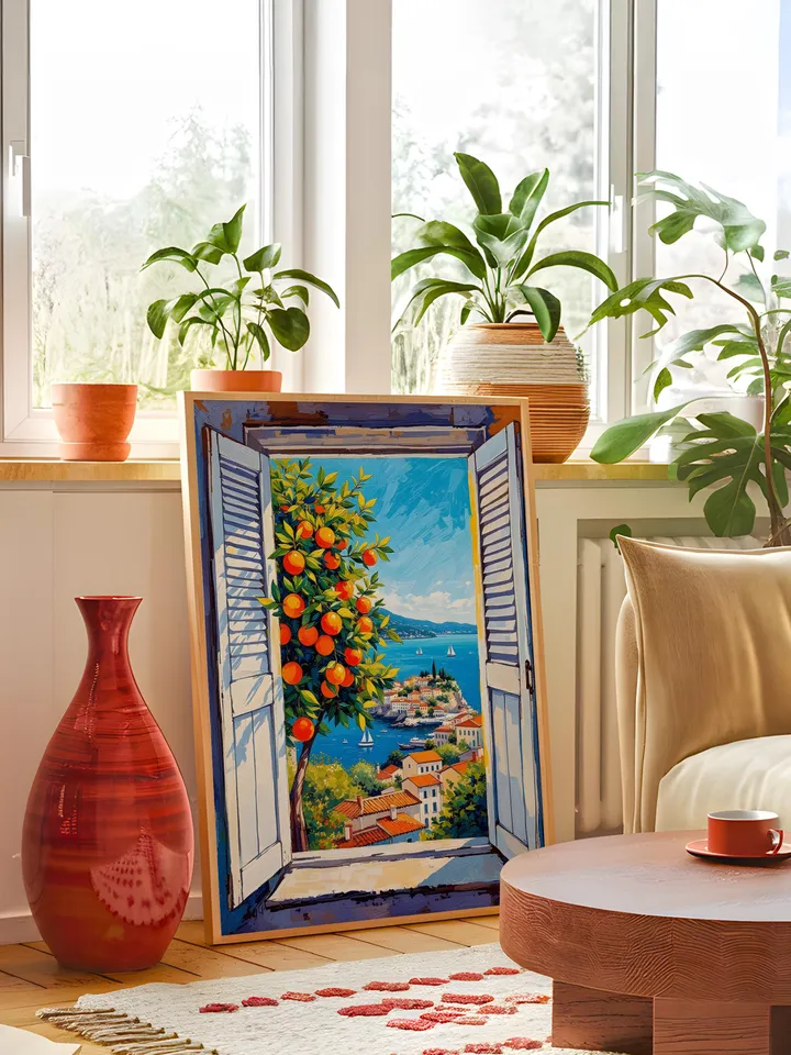Henri Matisse Inspired Open Window Print Fauvism Coastal Scene Orange Tree Boats Mediterranean View Digital Wall Art Instant Download HMS4