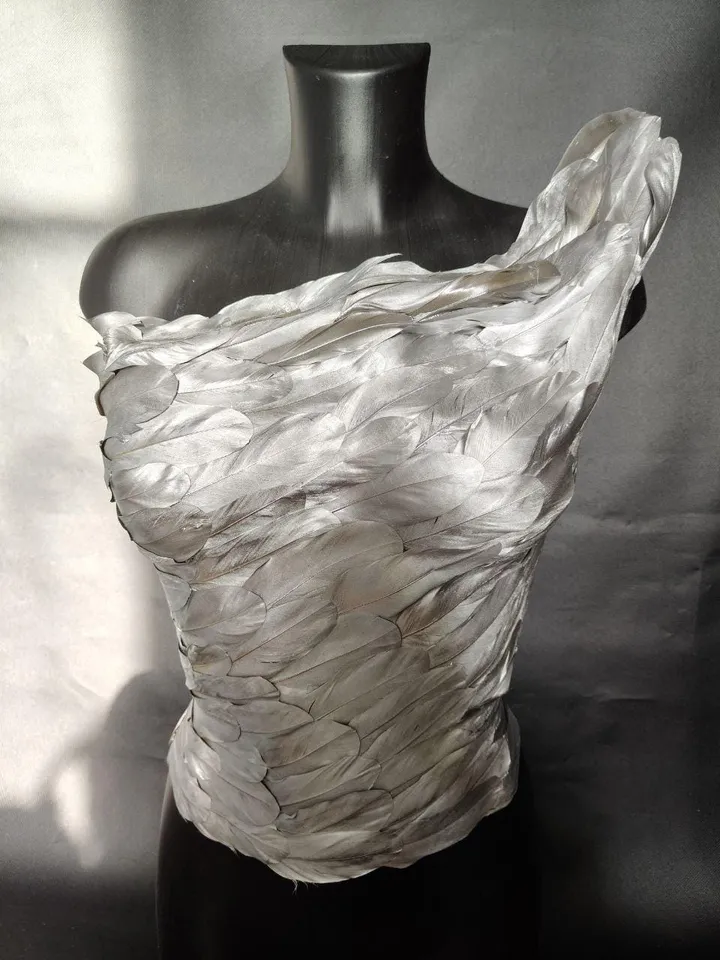 silver corset with feathers, cuirass, feather plate