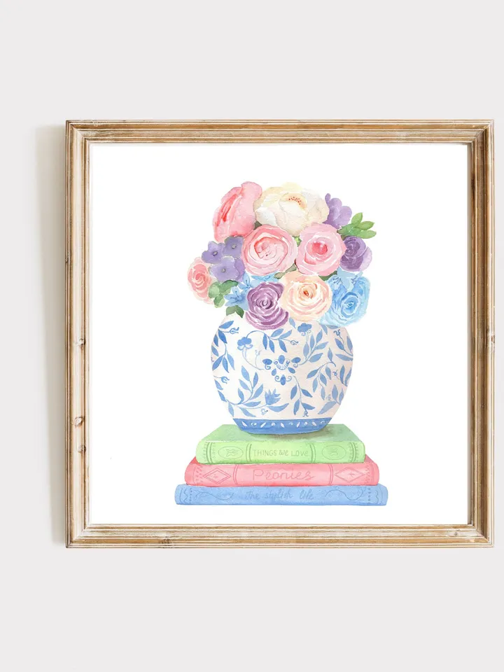 Chinoiserie Book Illustration , Watercolor Painting,Digital Download, Book Lover Gift, Book Stack Decor, Ginger Jar Art, Chinoiserie Art
