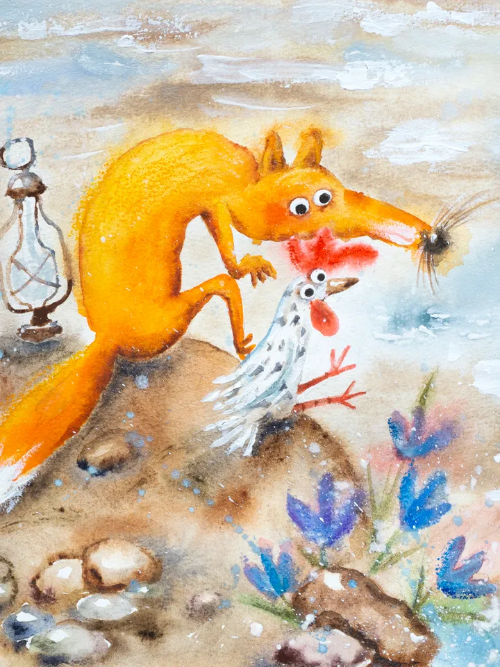 26×26cm Artwork by Julia Schigal "Fox and Chicken" - watercolor, gouache