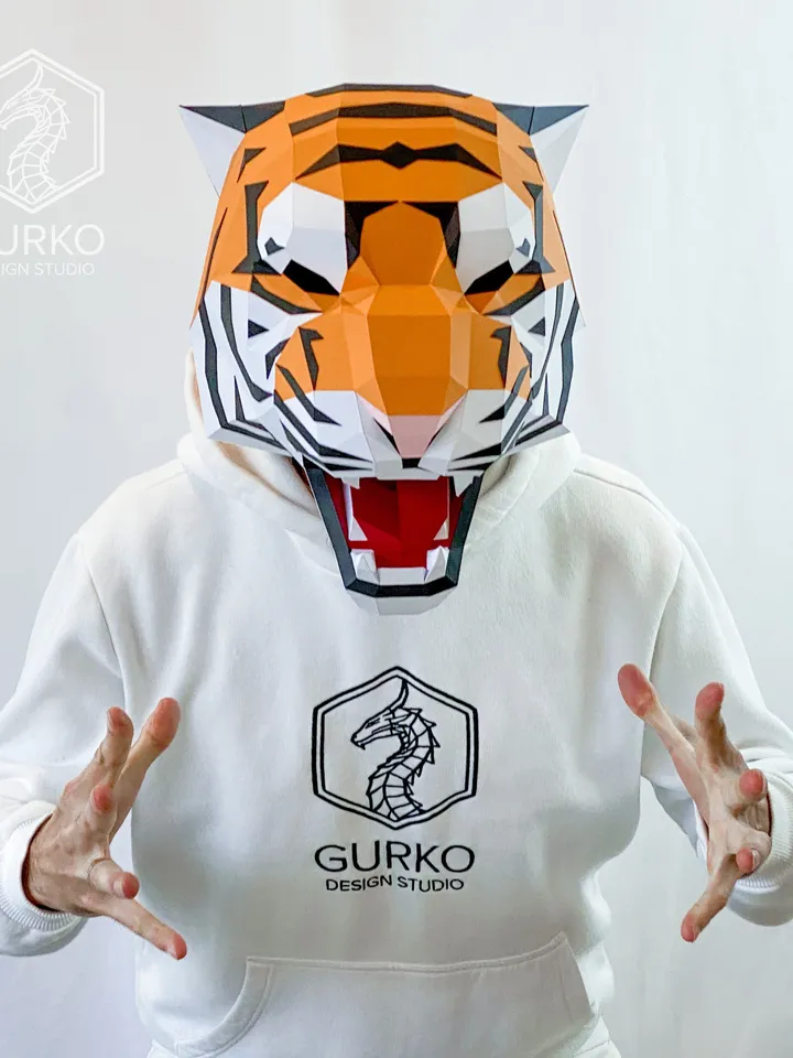 Angry Tiger Mask Papercraft, Cat, Digital Template, PDF Download, Gurko, 3D Low Poly Animal Mask, DIY Origami, Pepakura, Paper Mask, Costume