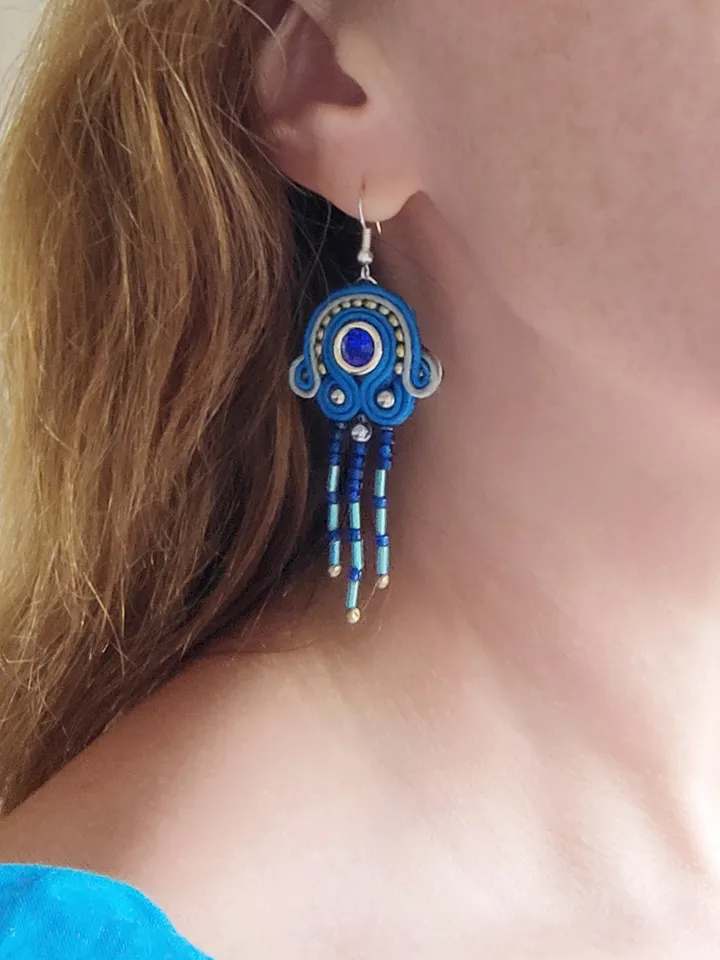 Blue earrings, Long beaded earrings, tassel earrings, embroidered soutache earrings Bohemian earrings