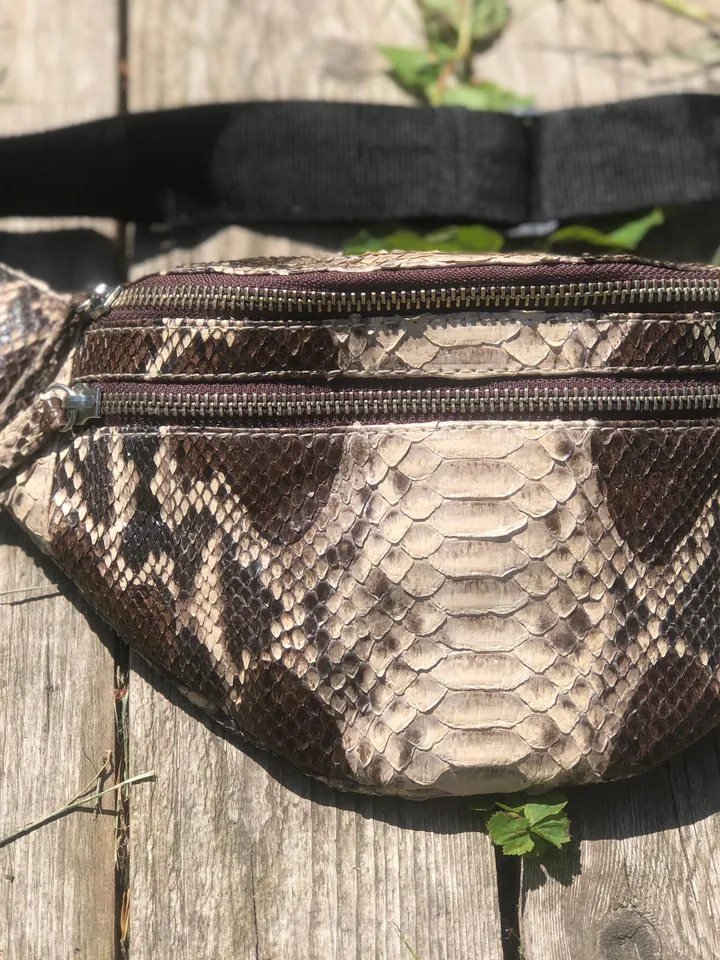 Genuine Python Skin Fanny Pack Brown and White | Exotic Leather Bags | Fanny Pack Women | Summer Fanny Pack | Snake Print Bag | Stylich Bag