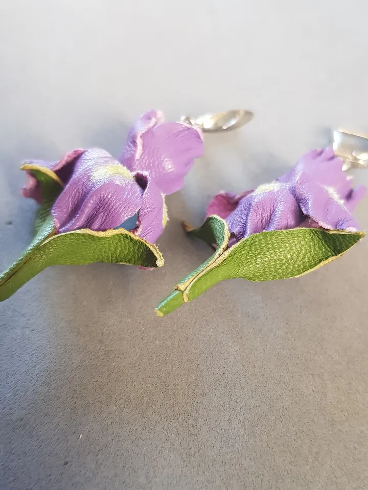 Iris leather earrings for her, Leather jewelry, 3rd anniversary gift for wife