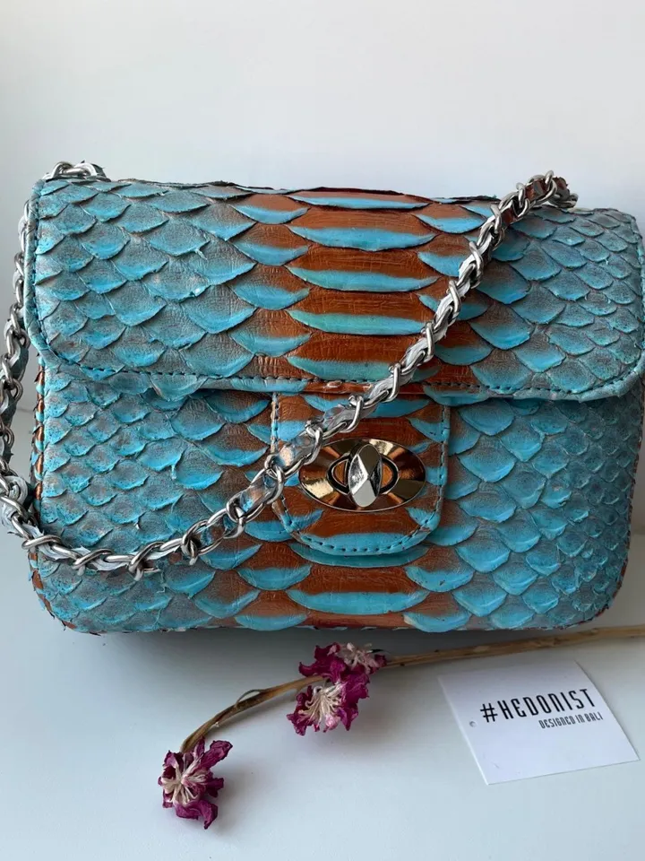 Light blue Crossbody Bag Genuine Python Skin | Adjustable Chain Classy Elegant Bright Blue Crossbody Small Lady Summer Bag | Python Purse